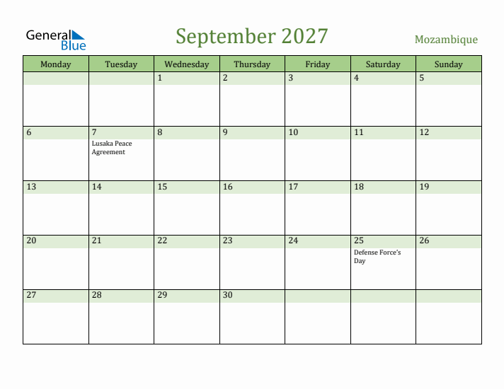 September 2027 Calendar with Mozambique Holidays