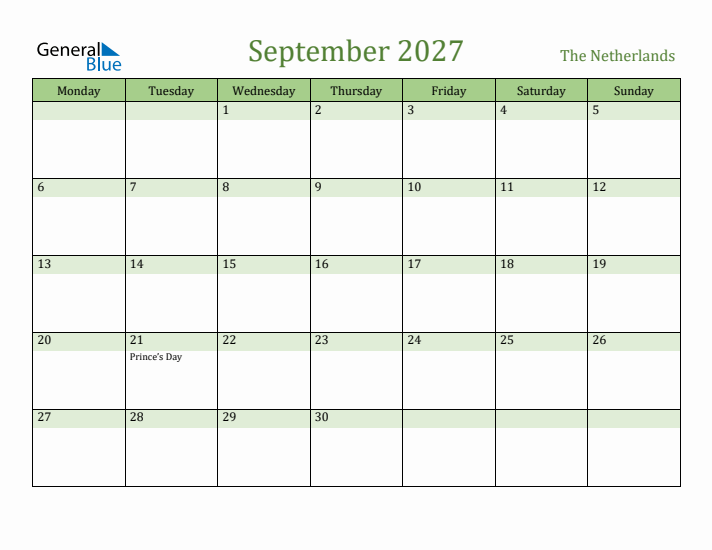 September 2027 Calendar with The Netherlands Holidays