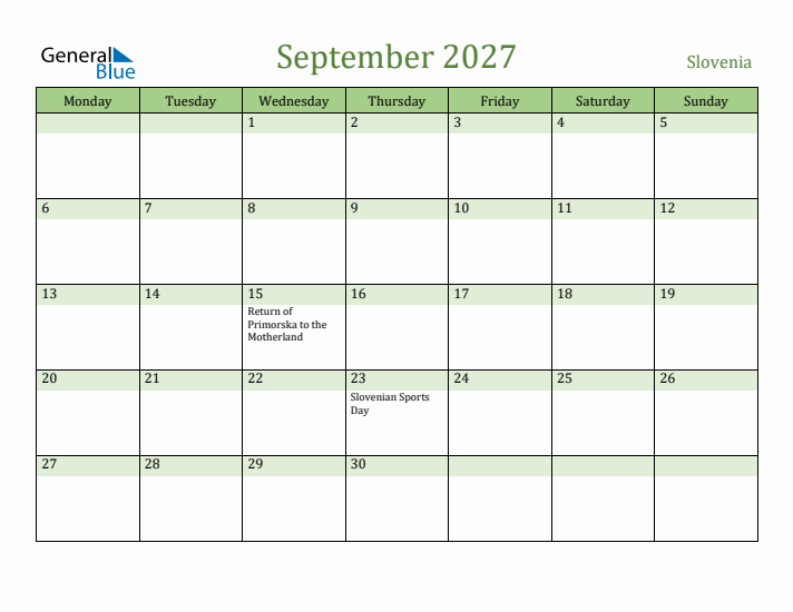 September 2027 Calendar with Slovenia Holidays