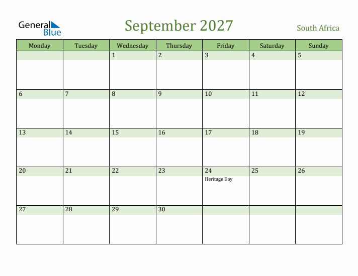 September 2027 Calendar with South Africa Holidays