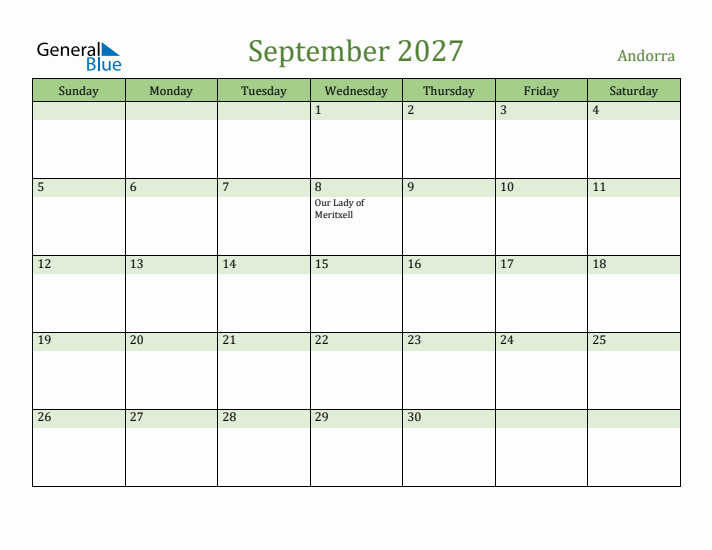 September 2027 Calendar with Andorra Holidays