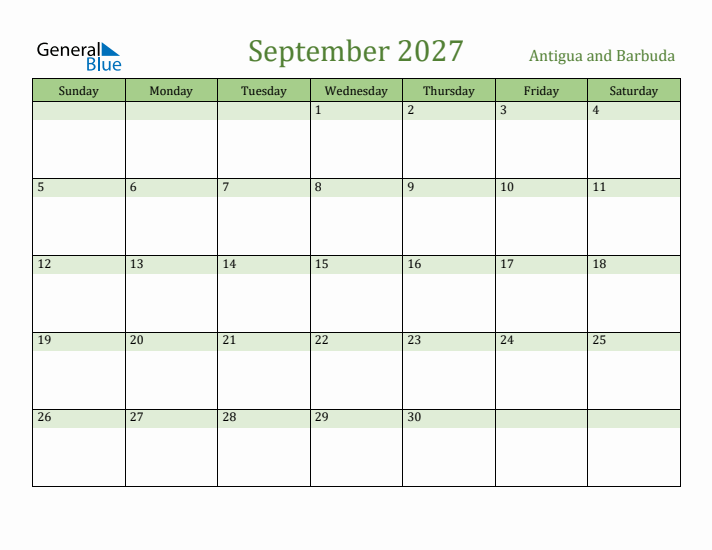 September 2027 Calendar with Antigua and Barbuda Holidays