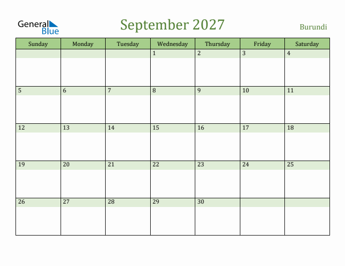 September 2027 Calendar with Burundi Holidays