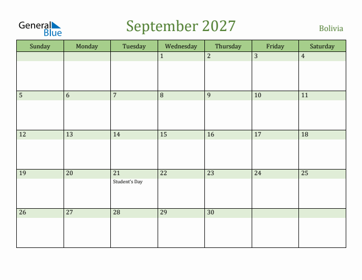 September 2027 Calendar with Bolivia Holidays