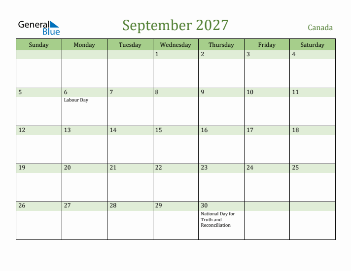 September 2027 Calendar with Canada Holidays