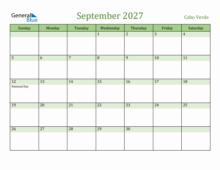 September 2027 Calendar with Cabo Verde Holidays