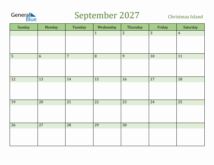 September 2027 Calendar with Christmas Island Holidays