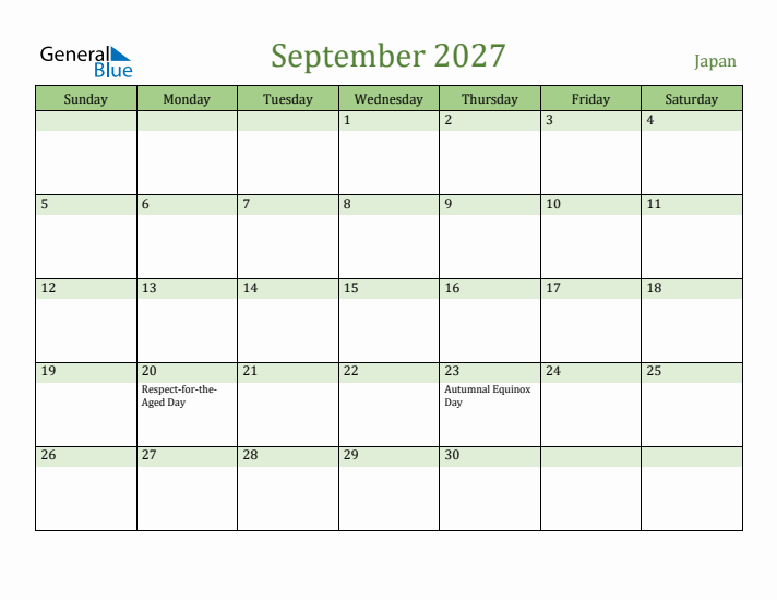 September 2027 Calendar with Japan Holidays
