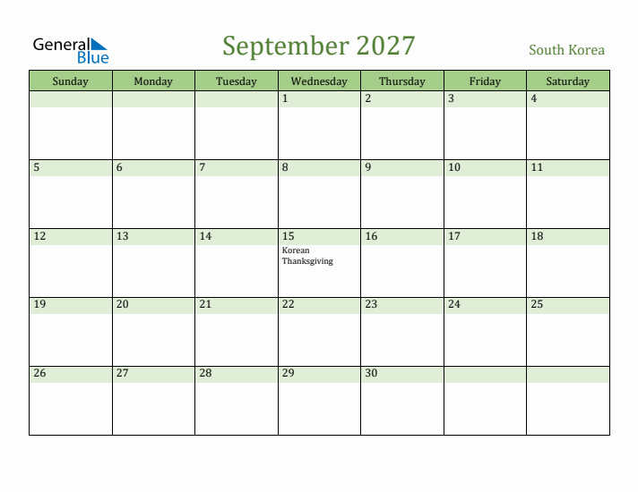 September 2027 Calendar with South Korea Holidays