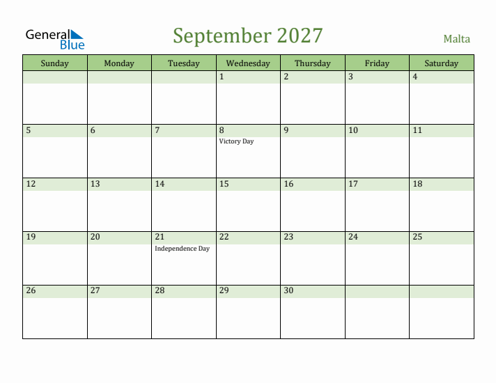 September 2027 Calendar with Malta Holidays