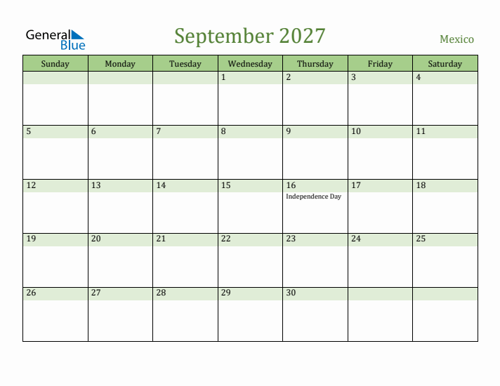 September 2027 Calendar with Mexico Holidays
