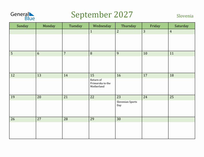 September 2027 Calendar with Slovenia Holidays