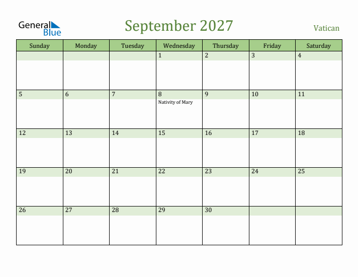 September 2027 Calendar with Vatican Holidays