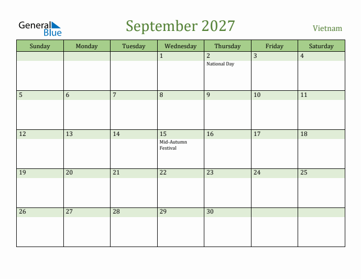 September 2027 Calendar with Vietnam Holidays