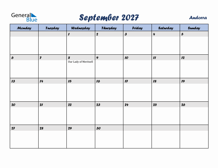 September 2027 Calendar with Holidays in Andorra