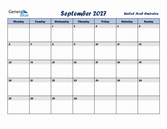 September 2027 Calendar with Holidays in United Arab Emirates