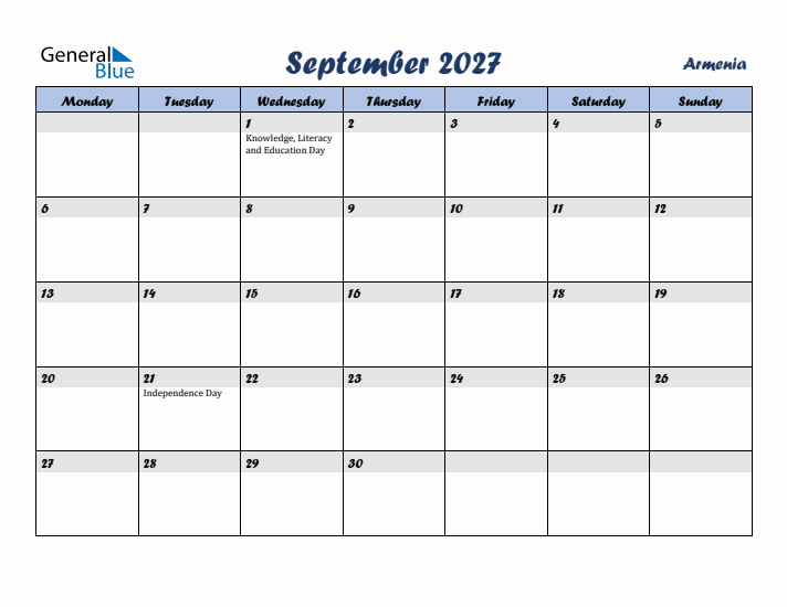 September 2027 Calendar with Holidays in Armenia