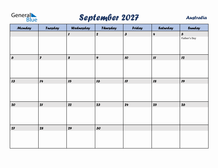 September 2027 Calendar with Holidays in Australia