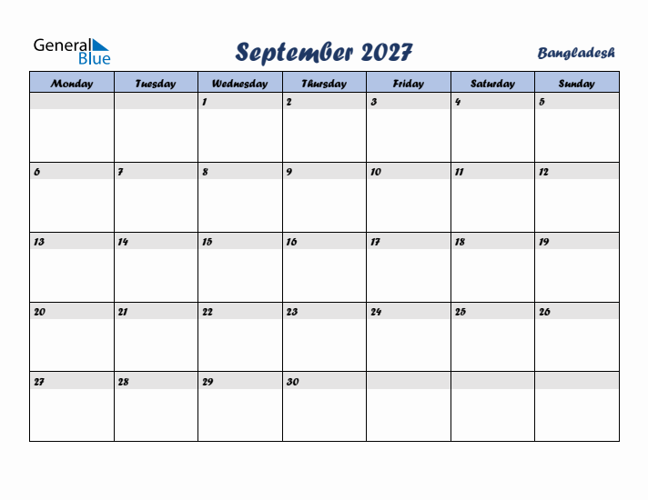 September 2027 Calendar with Holidays in Bangladesh