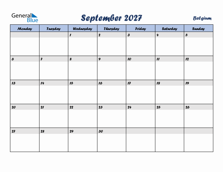 September 2027 Calendar with Holidays in Belgium