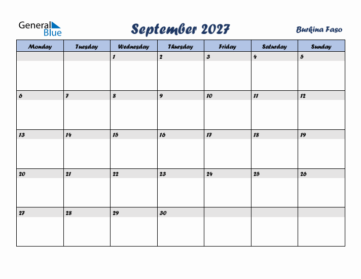 September 2027 Calendar with Holidays in Burkina Faso