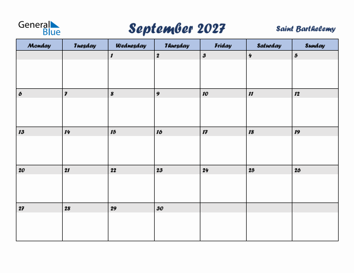 September 2027 Calendar with Holidays in Saint Barthelemy