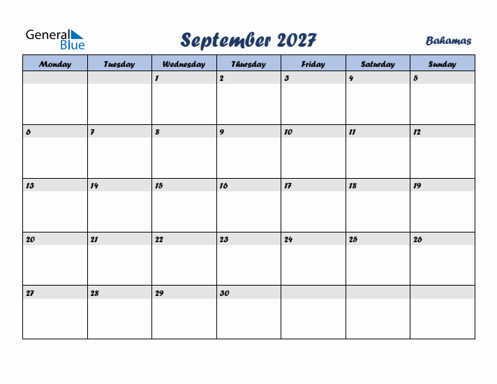 September 2027 Calendar with Holidays in Bahamas