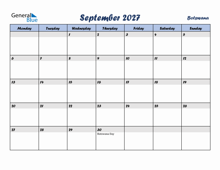 September 2027 Calendar with Holidays in Botswana