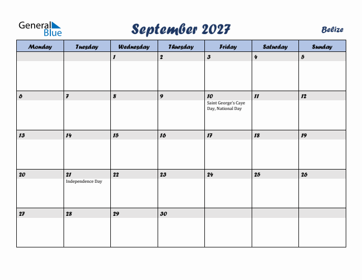 September 2027 Calendar with Holidays in Belize
