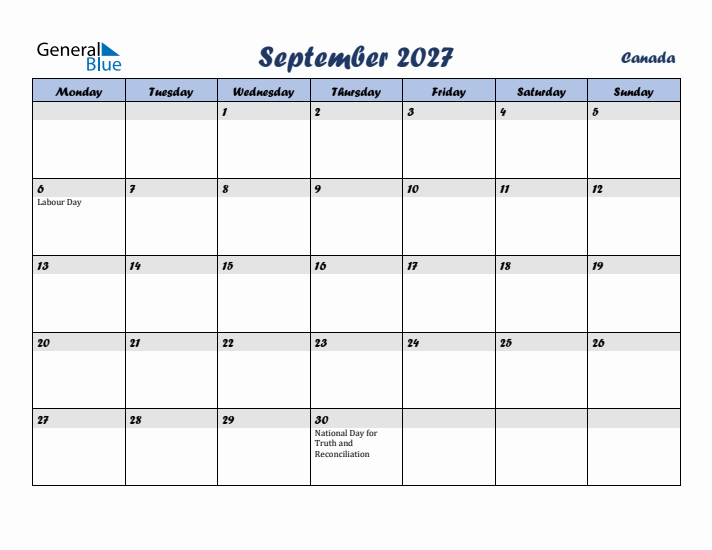 September 2027 Calendar with Holidays in Canada
