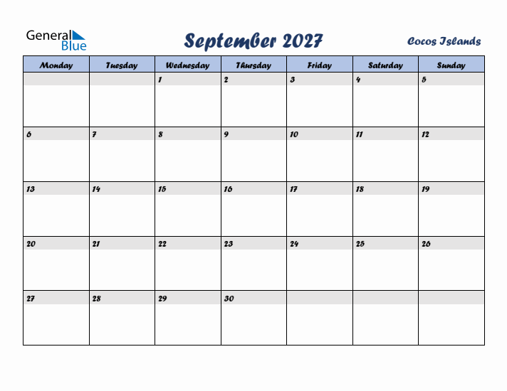September 2027 Calendar with Holidays in Cocos Islands