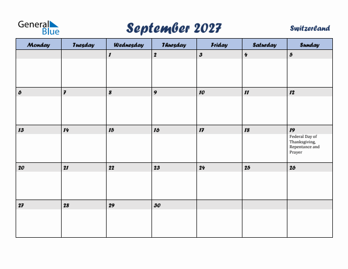 September 2027 Calendar with Holidays in Switzerland