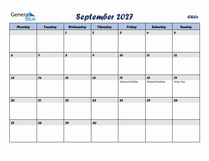 September 2027 Calendar with Holidays in Chile