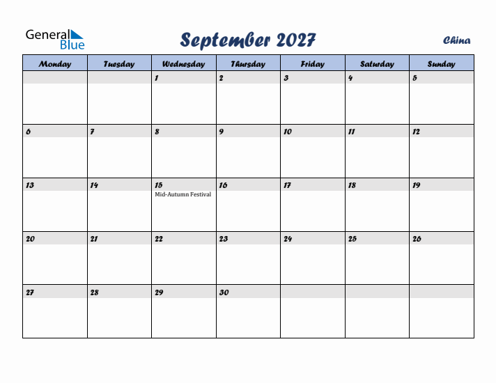 September 2027 Calendar with Holidays in China