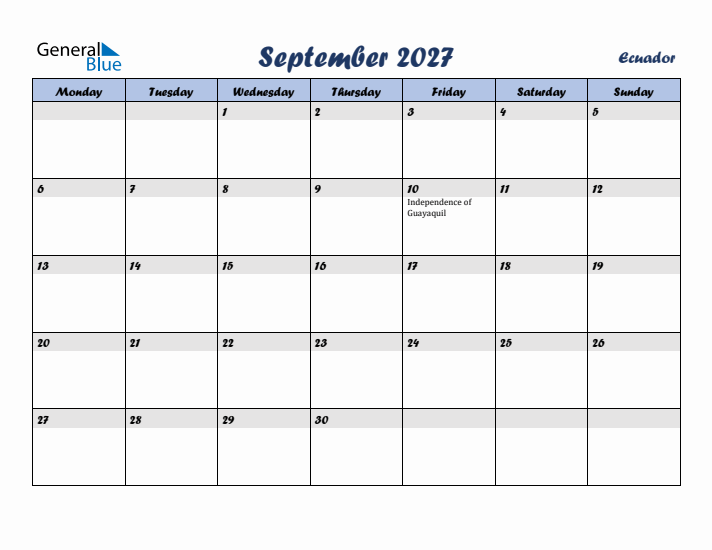 September 2027 Calendar with Holidays in Ecuador
