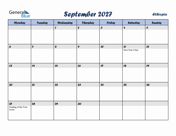 September 2027 Calendar with Holidays in Ethiopia