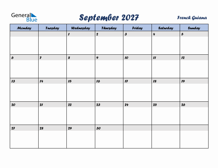 September 2027 Calendar with Holidays in French Guiana