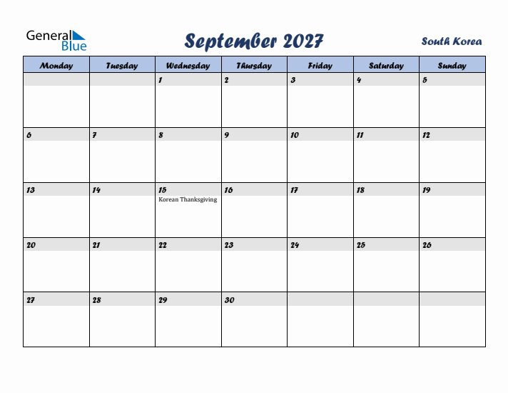 September 2027 Calendar with Holidays in South Korea