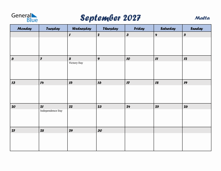 September 2027 Calendar with Holidays in Malta