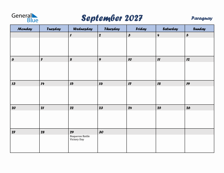 September 2027 Calendar with Holidays in Paraguay