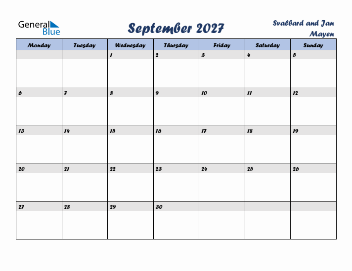 September 2027 Calendar with Holidays in Svalbard and Jan Mayen