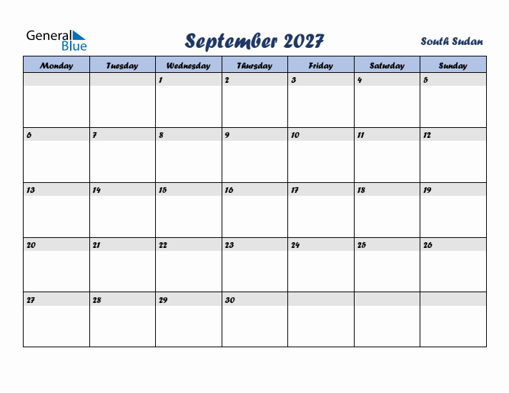 September 2027 Calendar with Holidays in South Sudan