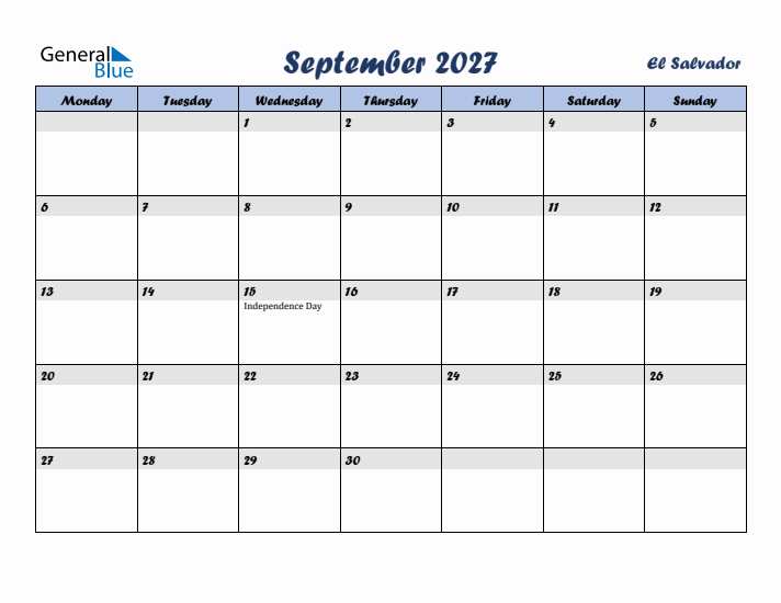 September 2027 Calendar with Holidays in El Salvador