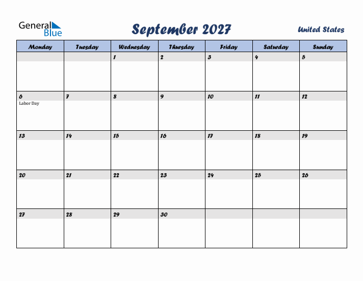 September 2027 Calendar with Holidays in United States