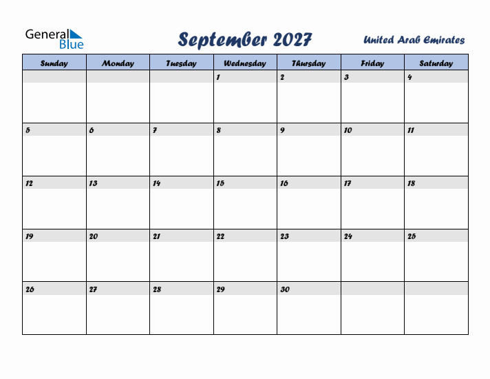 September 2027 Calendar with Holidays in United Arab Emirates