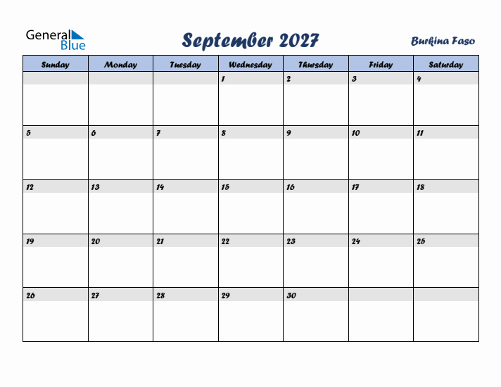 September 2027 Calendar with Holidays in Burkina Faso