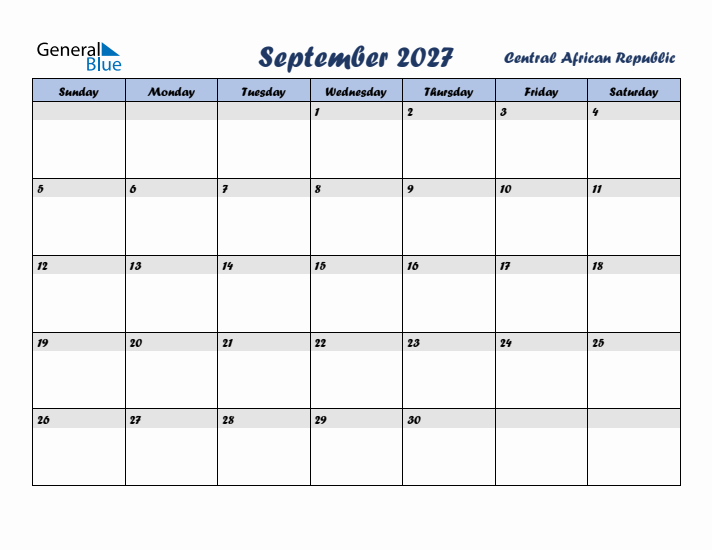 September 2027 Calendar with Holidays in Central African Republic