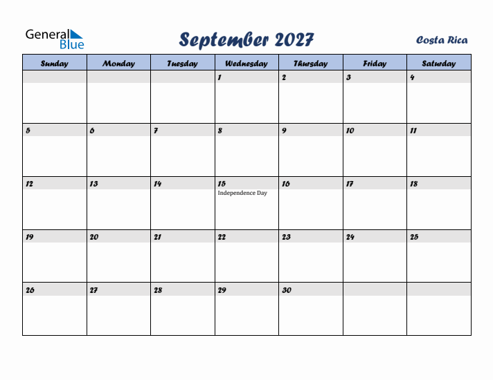 September 2027 Calendar with Holidays in Costa Rica