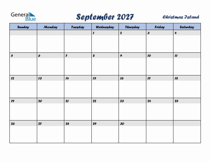 September 2027 Calendar with Holidays in Christmas Island