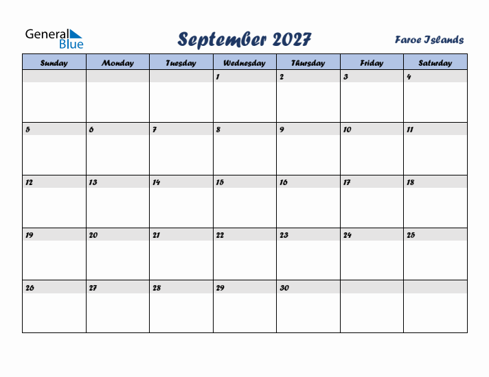 September 2027 Calendar with Holidays in Faroe Islands